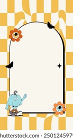 Halloween event poster with funny groovy mascot pumpkin, flower and more. Retro background for stories templates and social media frame. Vector vintage illustration