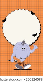 Halloween event poster with funny groovy mascot walking pumpkin. Retro background for stories templates and social media frame. Vector vintage illustration