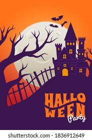 Halloween Event Poster Night Party Creepy Castle and Full Moon Vector Background Wallpaper Design Illustration