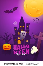 Halloween Event Poster Night Party Creepy Castle Ghost Headstone Skull Jack O Lantern Pumpkin and Full Moon Vector Background Wallpaper Design Illustration