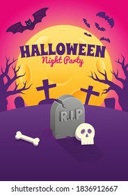 Halloween Event Poster Night Party Headstone Grave Skull Bone and Full Moon Vector Background Wallpaper Design Illustration