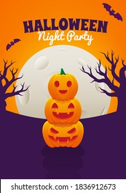 Halloween Event Poster Night Party Three Stack Of Jack O Lantern Pumpkin and Full Moon Vector Background Wallpaper Design Illustration