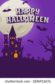 Halloween Event Poster Night Party Creepy Castle Cemetery Headstone and Full Moon Background Wallpaper Vector Design Illustration