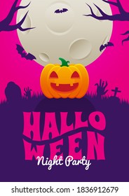 Halloween Event Poster Night Party Jack O Lantern Pumpkin Creepy Cemetery Headstone Grave Zombie Hand Headstone and Full Moon Background Wallpaper Vector Design Illustration