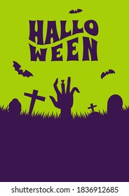 Halloween Event Poster Night Party Simple Creepy Cemetery Headstone Zombie Hand Bat Tree Silhouette Vector Background Wallpaper Design Illustration