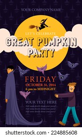 Halloween event poster template for your design. Great pumpkin party. Vector background with moon, clouds, flying witch, vampire, zombie, bats and scary pumpkins.