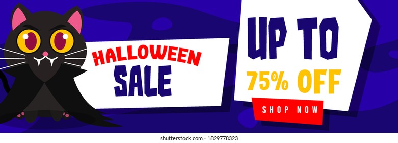 Halloween Event Sale Banner Discount Up To 75% With Cute Vampire Black Cat Background Flat Design Illustration