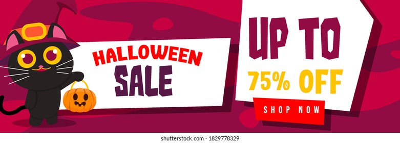 Halloween Event Sale Banner Discount Up To 75% With Cute Witch Black Cat Carrying Jack O Lantern Background Flat Design Illustration