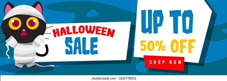 Halloween Event Sale Banner Discount Up To 50% With Cute Mummy Black Cat Background Flat Design Illustration