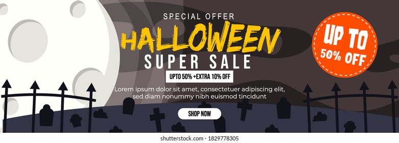 Halloween Event Super Sale Banner Discount Up To 50% Extra 10% With Big Moon and Grave Black White Theme Background Flat Design Illustration