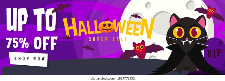 Halloween Event Super Sale Banner Discount Up To 75% With Big Moon, Grave, Cute Vampire Cat, and Cute Bat Background Flat Design Illustration