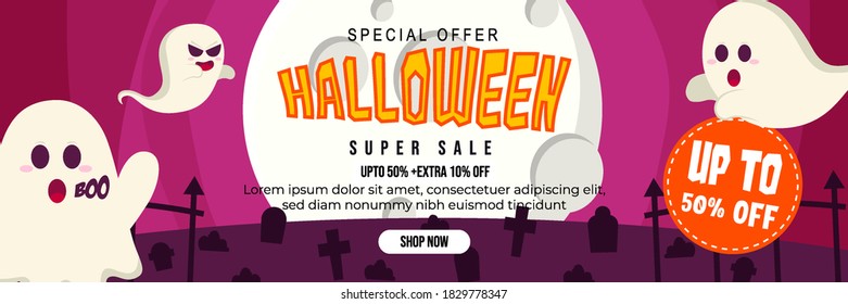 Halloween Event Super Sale Banner Discount Up To 50% Extra 10% With Big Moon Grave and Ghost Background Flat Design Illustration