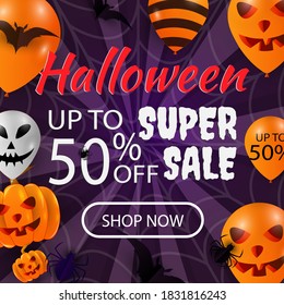 Halloween Event Super Sale Banner Up to 50% Off, With balloons, Bats, spiders, cobwebs and Pumpkin, 3d Illustration Background