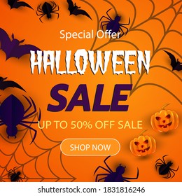 Halloween Event Super Sale Banner Up to 50% Off, With balloons, Bats, spiders, cobwebs and Pumpkin, 3d Illustration Background