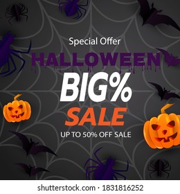Halloween Event Super Sale Banner Up to 50% Off, With balloons, Bats, spiders, cobwebs and Pumpkin, 3d Illustration Background