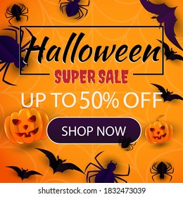Halloween Event Super Sale Banner Up to 50% Off, With balloons, Bats, spiders, cobwebs and Pumpkin, 3d Illustration Background