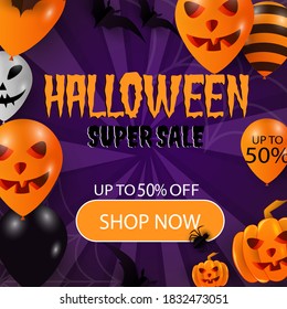 Halloween Event Super Sale Banner Up to 50% Off, With balloons, Bats, spiders, cobwebs and Pumpkin, 3d Illustration Background