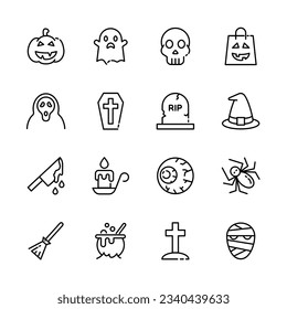 Halloween event  thin line icons set,  example sign of horror,  pumpkin, ghost, skull, trick or treat. vector illustration