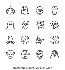 Juego de iconos de la delgada línea del evento de Halloween, signo de horror, calabaza, fantasma, calavera, truco o tratamiento. ilustración vectorial