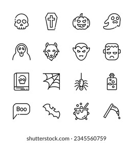 Halloween event  thin line icons set,  example sign of horror,  pumpkin, ghost, skull, trick or treat. vector illustration