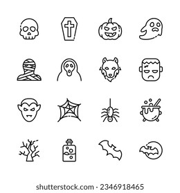 Halloween event  thin line icons set,  example sign of horror,  pumpkin, ghost, skull, trick or treat. vector illustration