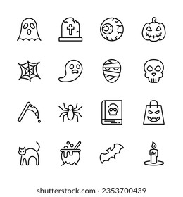 Halloween event  thin line icons set,  example sign of horror,  pumpkin, ghost, skull, trick or treat. vector illustration