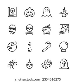 Halloween event  thin line icons set,  example sign of horror,  pumpkin, ghost, skull, trick or treat. vector illustration