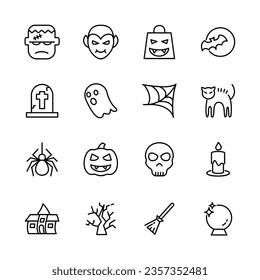 Halloween event  thin line icons set,  example sign of horror,  pumpkin, ghost, skull, trick or treat. vector illustration
