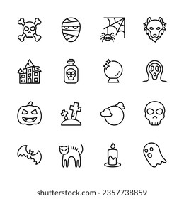Halloween event  thin line icons set,  example sign of horror,  pumpkin, ghost, skull, trick or treat. vector illustration