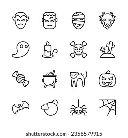 Halloween event  thin line icons set,  example sign of horror,  pumpkin, ghost, skull, trick or treat. vector illustration
