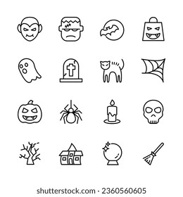 Juego de iconos de la delgada línea del evento de Halloween, signo de horror, calabaza, fantasma, calavera, truco o tratamiento. ilustración vectorial