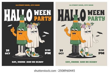 Halloween events flyer set in retro groovy style. Cartoon ghost and beer bottle characters. Design template for party in 70s-80s. 