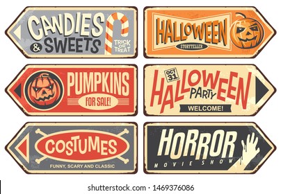 Halloween events retro signs collection. Halloween party, storyteller, horror movie show, pumpkins for sale, costumes, candies and sweets. Vintage Halloween vector illustration.