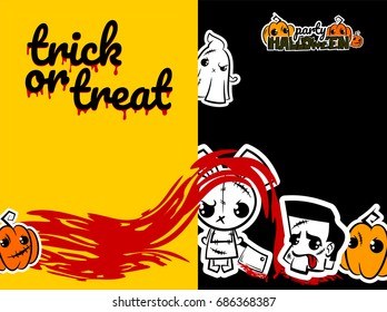 Halloween evil bunny rabbit ghost knife cartoon funny monster. Pop art wow comic book text poster party. Ugly angry thread needle sewing voodoo doll. Vector illustration paper sticker. Trick or treat.