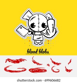 Halloween Evil Cartoon Funny Bear Monster Knife Show Middle Finger Set Blood. Pop Art Wow Comic Book Text Party. Angry Monochrome Thread Needle Sewing Voodoo Doll. Vector Illustration Sticker Paper.