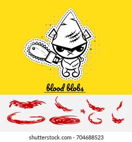 Halloween evil cartoon funny bear monster electric saw blood. Pop art comic text party. Ugly angry monochrome thread needle sewing voodoo doll. Vector illustration sticker paper.