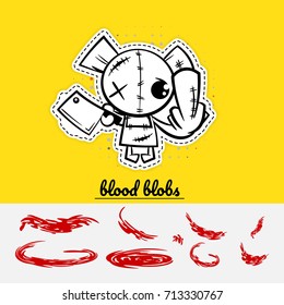 Halloween Evil Cartoon Funny Bear Monster Knife Show Middle Finger Set Blood. Pop Art Wow Comic Book Text Party. Angry Monochrome Thread Needle Sewing Voodoo Doll. Vector Illustration Sticker Paper.