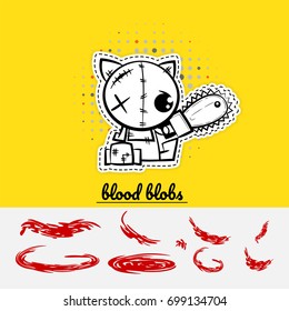 Halloween Evil Cartoon Funny Cat Kitty Monster Electric Saw Blood. Pop Art Wow Comic Book Text Party. Angry Monochrome Thread Needle Sewing Voodoo Doll. Vector Illustration Sticker Paper.