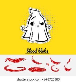 Halloween evil devil ghost cartoon funny monster. Pop art wow comic book text poster party. Angry monochrome thread needle sewing. Vector halftone illustration sticker paper.
