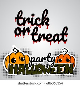 Halloween evil devil  pumpkins cartoon funny monster. Pop art wow comic book text poster party. Ugly angry trick or treat halloween thread needle sewing voodoo doll. Vector illustration sticker paper.