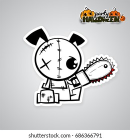 Halloween Evil Dog Blood Saw Cartoon Funny Monster. Pop Art Wow Comic Book Text Poster Party. Ugly Angry Monochrome Thread Needle Sewing Voodoo Doll. Vector Illustration Halloween Sticker Paper.