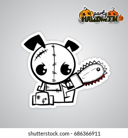 Halloween Evil Dog Blood Saw Cartoon Funny Monster. Pop Art Wow Comic Book Text Poster Party. Ugly Angry Monochrome Thread Needle Sewing Voodoo Doll. Vector Illustration Halloween Sticker Paper.