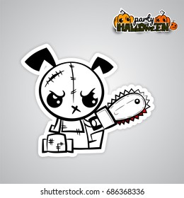 Halloween Evil Dog Blood Saw Cartoon Funny Monster. Pop Art Wow Comic Book Text Poster Party. Ugly Angry Monochrome Thread Needle Sewing Voodoo Doll. Vector Illustration Sticker Paper Trick Or Treat