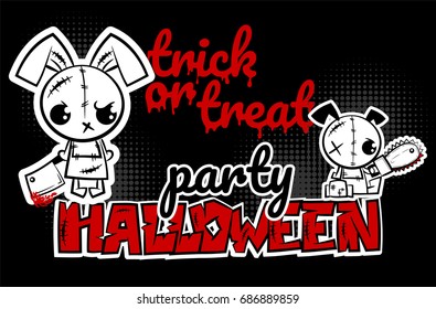 Halloween Evil Dog Bunny Rabbit Cartoon Funny Monster Blood Saw Knife Pop Art Wow Comic Book Text Poster Party Ugly Angry Thread Needle Sewing Halloween Voodoo Doll. Vector Illustration Sticker Paper.