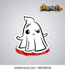 Halloween evil ghost cartoon funny monster Pop art wow comic book text poster Ugly angry monochrome thread needle sewing voodoo doll Vector halftone illustration sticker paper Halloween trick or treat
