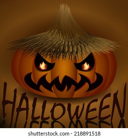 Halloween evil pumpkin in straw hat