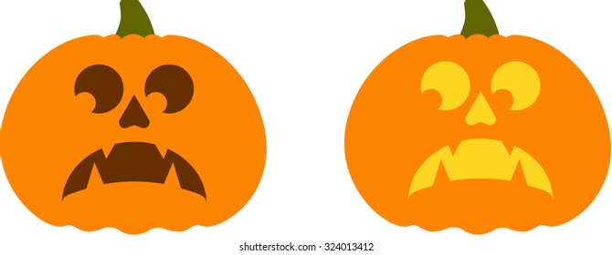 Halloween evil pumpkin vector icons set, Emotion Variation. Simple flat style design elements. Set of silhouette spooky horror images of pumpkins. Scary Jack-o-lantern facial expressions. 