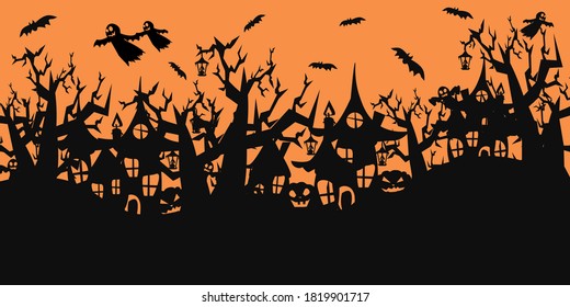 Halloween evil pumpkins, black houses, trees, bats on an orange background for Happy Halloween party or design.