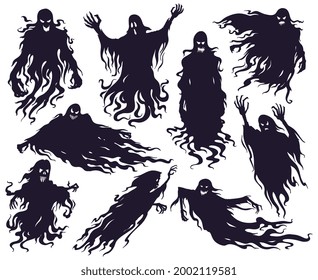 Halloween evil spirit silhouette. Scary nightmare ghost characters, spooky phantom demons mascots vector illustration set. Cartoon ghost silhouettes. Fear of halloween, devil terrifying silhouette