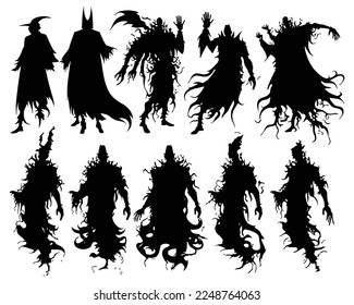 Halloween evil spirit silhouette. Scary nightmare ghost characters, spooky phantom demons mascots set. Torn Clothes ghost silhouettes